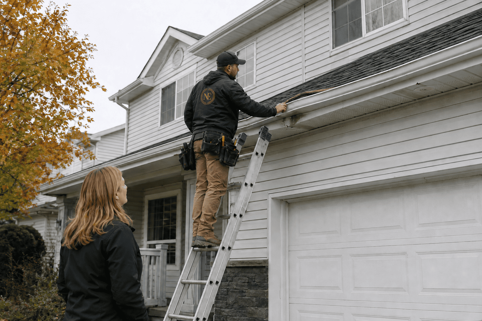 Nice Exteriors contractor inspecting a damaged gutter on an Edmonton home to determine whether it needs repair or replacement.